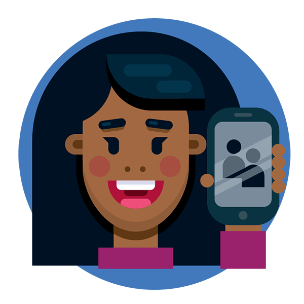 a happy woman holding up a mobile phone