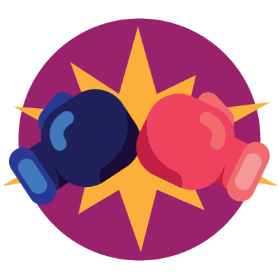 a blue boxing glove hitting a pink boxing glove