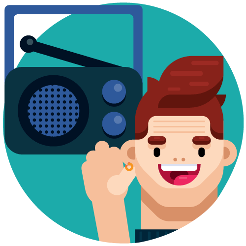 a happy man listening to a traditional radio